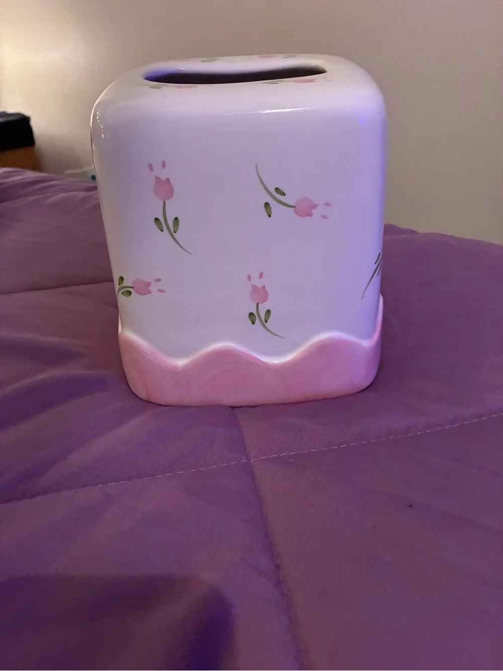 Ceramic Pink Floral Tissue Box Cover - White & Pink